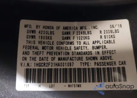 2017 Honda Accord Lx из США, поврежденный, VIN 1HGCR2F31HA001097